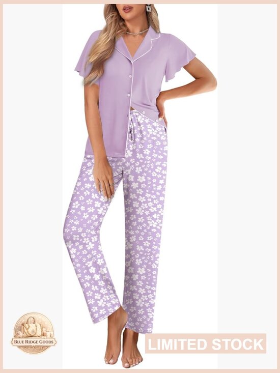 Other - Button Up Pajama Set Ruffle Sleeve Notch Collar Loungewear Soft Stretch